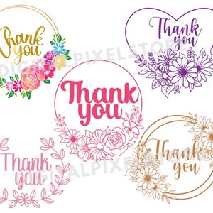 May include: A collection of floral "Thank You" designs. The designs include a gold circle with colorful flowers, a pink circle with pink text, a heart shape with purple flowers, a pink wreath, and a brown circle with white flowers.