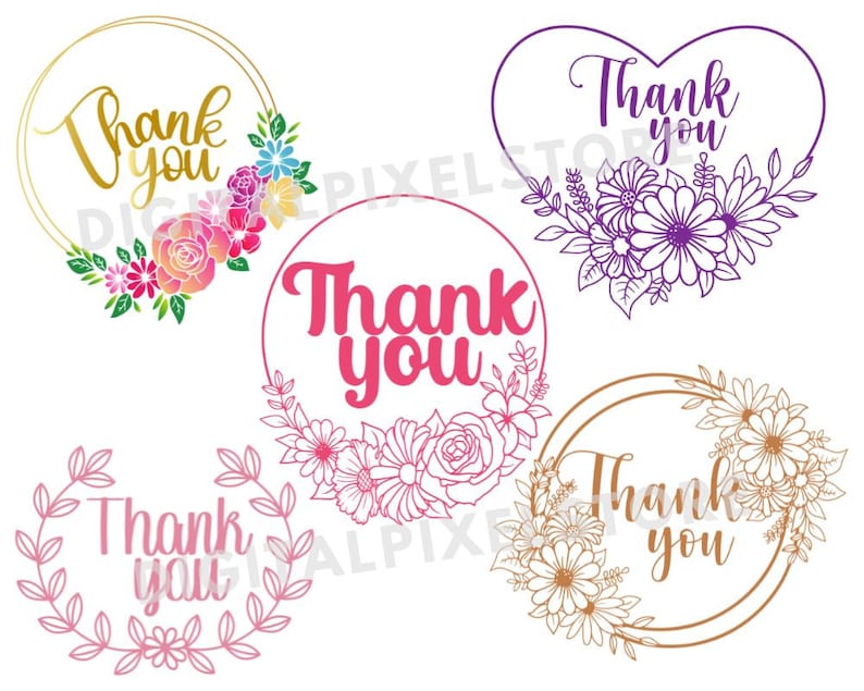 May include: A collection of floral "Thank You" designs. The designs include a gold circle with colorful flowers, a pink circle with pink text, a heart shape with purple flowers, a pink wreath, and a brown circle with white flowers.