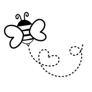 Op de afbeelding: Zwart-witte lijntekening van een bij die vliegt met een gestippelde lijn erachter.