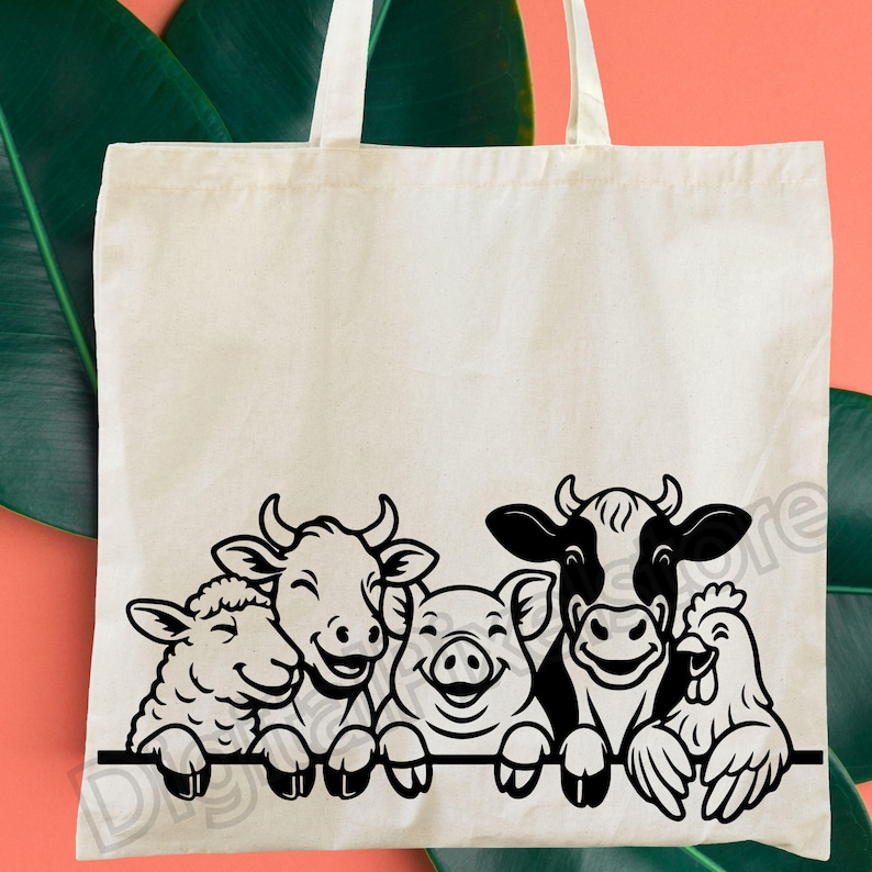 May include: A cream-coloured tote bag with a black and white illustration of farm animals: a sheep, cow, pig, cow, and chicken. The animals are smiling and peeking over a black line. The bag has white handles.