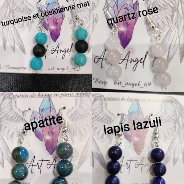 Boucles d'oreilles apatite, turquoise, lapis lazuli, quartz, onyx, idéal cadeau de Noël, anniversaire, saint Valentin