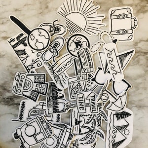 10 autocollants sur le thème du voyage/ autocollants noir et blanc/ illustration/ autocollants de voyage/