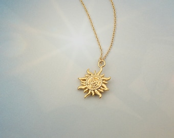 Naszyjnik z matowego złota z medalionem słonecznym, wisior z mosiądzu 14k