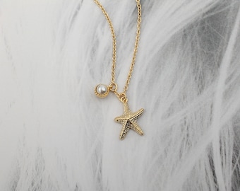 Shiny Gold Starfish & Pearl Necklace, Delicate Gold Starfish and Birthstone Pearl Pendant Necklace, Sea Animals Jewelry