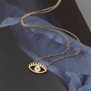 Zierliche Matte Gold Evil Eye Halskette, Strukturiertes Böses Auge mit Türkis Blau CZ Anhänger Halskette, Evil Eye Hamsa Halskette, Fatima Schmuck