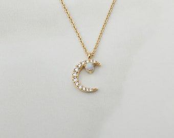 Gold Crescent Moon Opal Necklace, Cubic Zirconia Pendant
