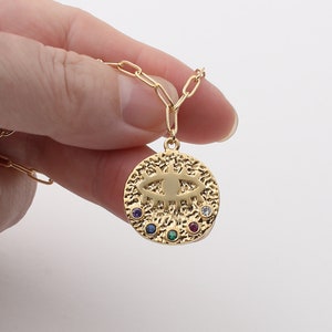 Dainty Gold Evil Eye with Turquoise Cubic Necklace, Matte Gold Medallion Jewelry, Evil Eye Blue Stone Necklace, Good Luck, Lucky Jewelry