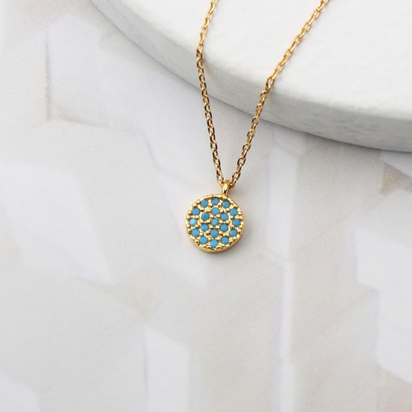 Round Turquoise  Necklace, Tiny CZ Diamond Shaped Necklace, Dainty Disc Gemstone Medallion, Pave Set Turquoise Cubic Necklace