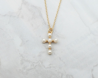 Tiny White 6 Simulated Pearls Cross Pendant Necklace, Small Pearl Bridal Jewelry, Cross Necklace for Women, Religious Jewelry