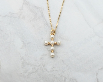 Tiny Simulated Pearl Cross Necklace, Small Bridal Jewelry