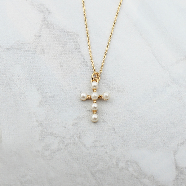 Tiny White 6 Simulated Pearls Cross Pendant Necklace, Small Pearl Bridal Jewelry, Cross Necklace for Women, Religious Jewelry