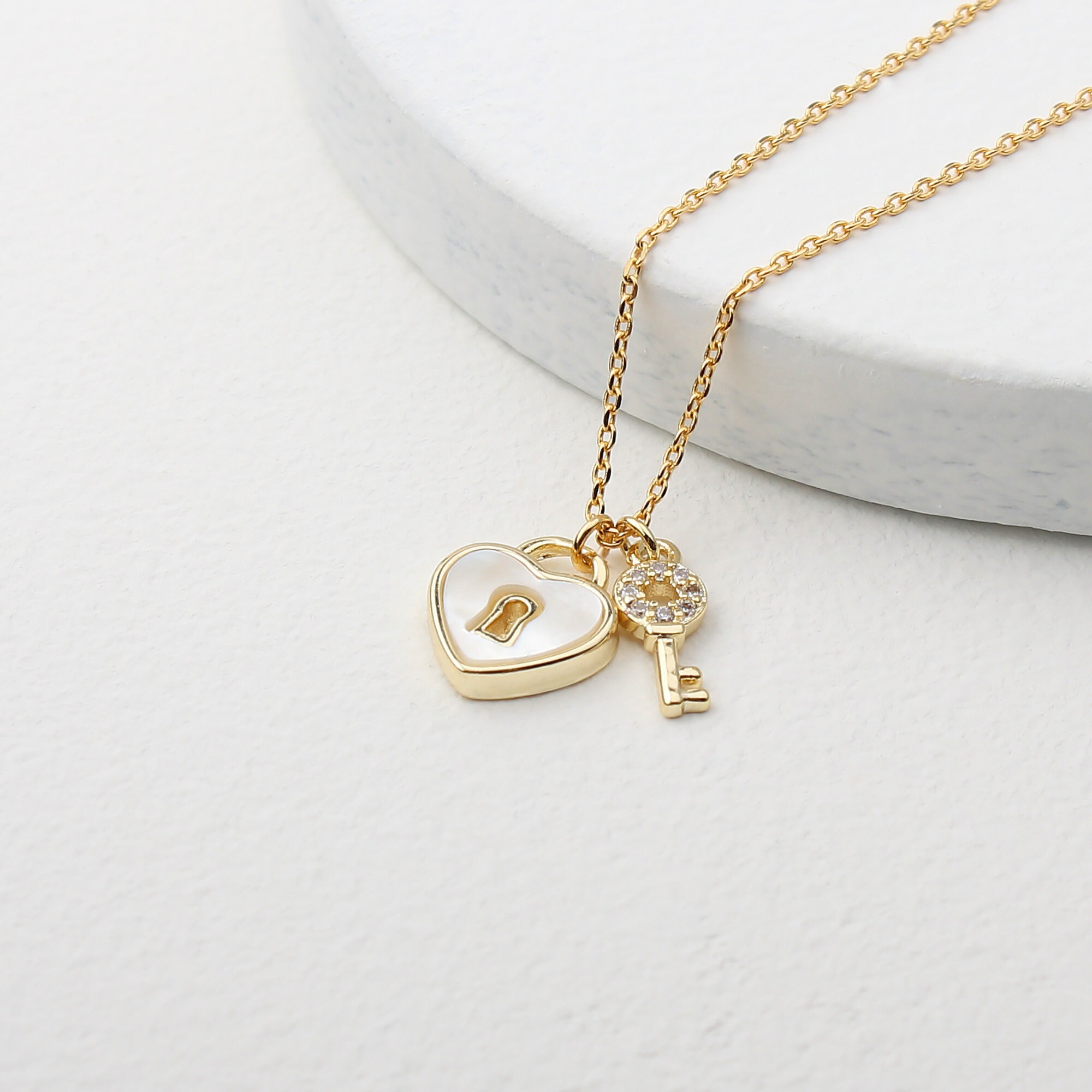 Gold Lock and Key Necklace Mother of Pearl Heart Lock With - Etsy