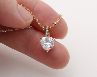 14k Gold Heart Necklace, Cubic Zirconia Love Pendant