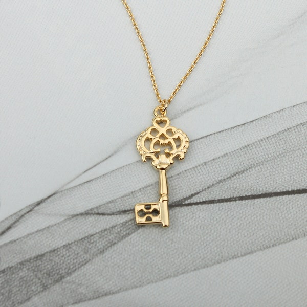 Gold Schlüssel Halskette, Barock Stil Große Schlüssel Charm Halskette, Glücksbringer Gold Vintage SchlüsselAnhänger Halskette, Glücksschmuck