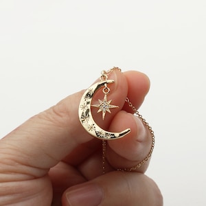 Gold Crescent Moon with Pave Cubic North Star Necklace, New Moon & Star Pendant Necklace, Dainty Necklace for Women, North Star Necklace