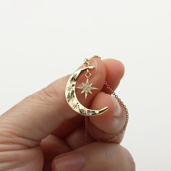 Gold Crescent Moon Necklace, Pave Cubic Star Pendant