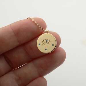 Dainty Gold Evil Eye with Turquoise Cubic Necklace, Matte Gold Medallion Jewelry, Evil Eye Blue Stone Necklace, Good Luck, Lucky Jewelry