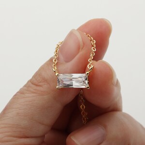Gold Rectangle Solitaire Necklace, Faceted Cubic Sideways Necklace, 4 Prong Setting CZ Gold Necklace, Bridesmaid Gift for Necklace