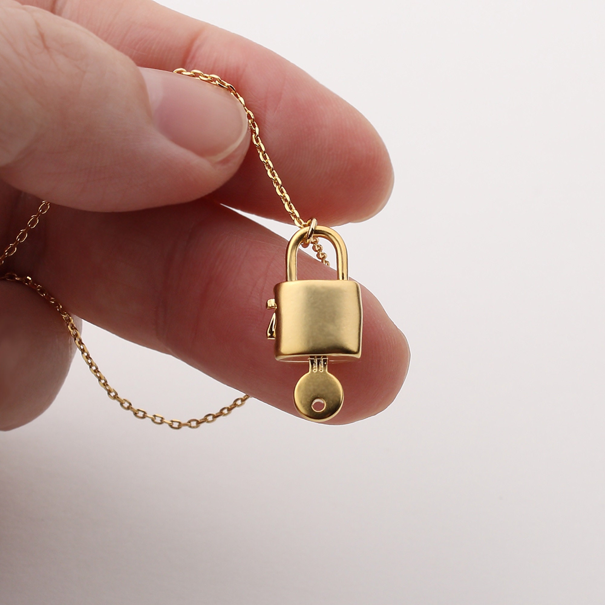 Gold Lock and Key Fob Necklace, Gold LV Lock and Key Vintage Textured Oval Cable Chain Add on Lock/Key