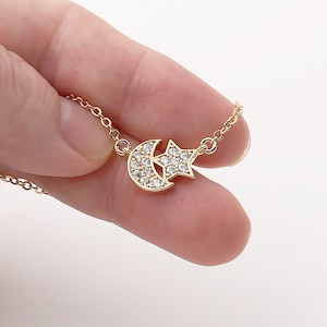 Gold Moon and Star Necklace, Dainty Half Moon Necklace, CZ Celestial Pendant, Gift for Her, Minimalist Jewelry