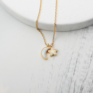 Tiny Opal Celestial Necklace, Dainty Crescent Moon and Star Necklace, Gift for Her, Opal North Star & Moon, Multi-Strand Necklaces
