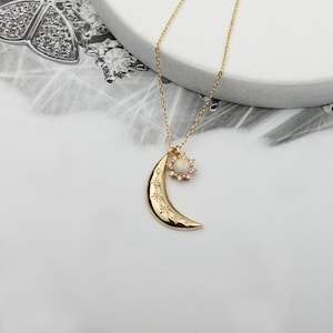 Gold Crescent Moon with Opal Dangle Necklace, New Moon & Cubic Pendant Necklace, Dainty Necklace for Women, Gemstone Necklace