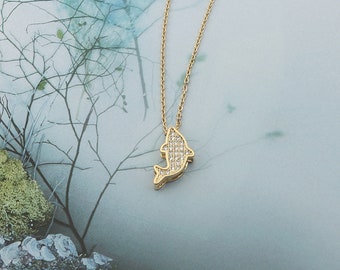Dainty Gold Whale Necklace, Cubic Zirconia Brass Charm