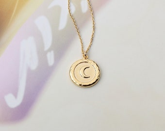 Gold Crescent Moon Necklace, Celestial Disc Medallion