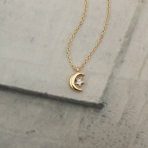 Gold Crescent Moon with Solitaire Star Cubic Necklace, Dainty Gold Moon and Star Necklace, Half Moon Star Necklace, Gift for Women