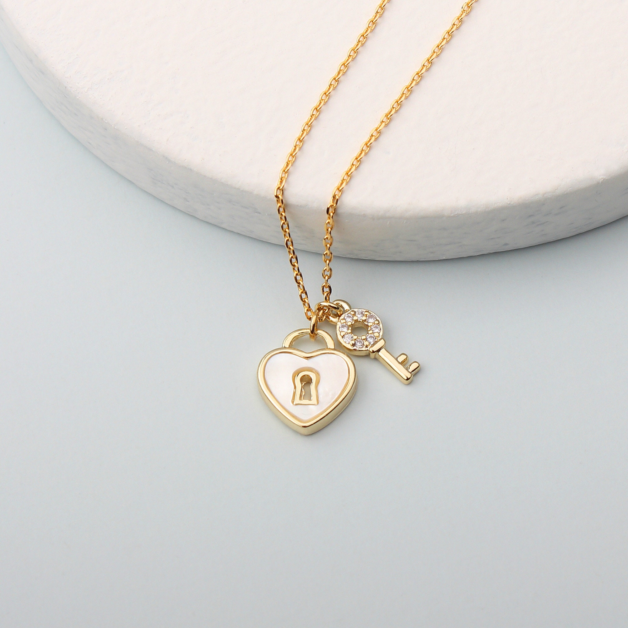 Gold Lock and Key Necklace Mother of Pearl Heart Lock With - Etsy