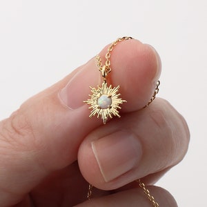Dainty Gold Opal Necklace, Opal Dangle with Cubic Necklace, Round Opal Sunburst Necklace, Birthstone Necklace, Birthday gifts Jewelry
