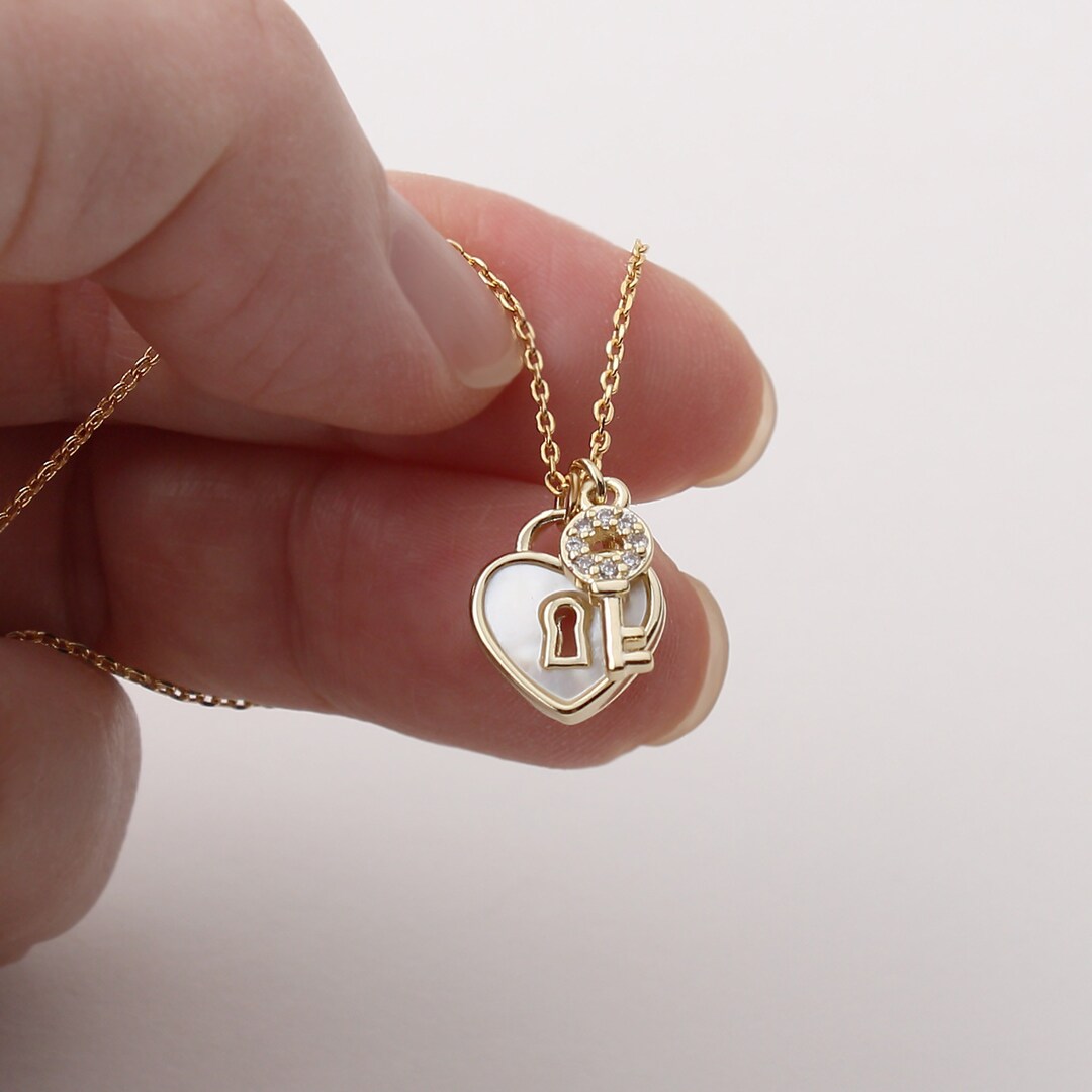 Gold Lock and Key Necklace, Mother of Pearl Heart Lock With Cubic Key ...