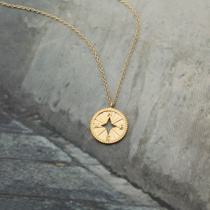 Gold Compass Necklace, North Star, Medallion Coin Pendant, Matt Gold Plated Necklace