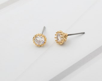 Delicati orecchini a bottone con zirconi cubici, placcati in oro 14k, solitario minimalista