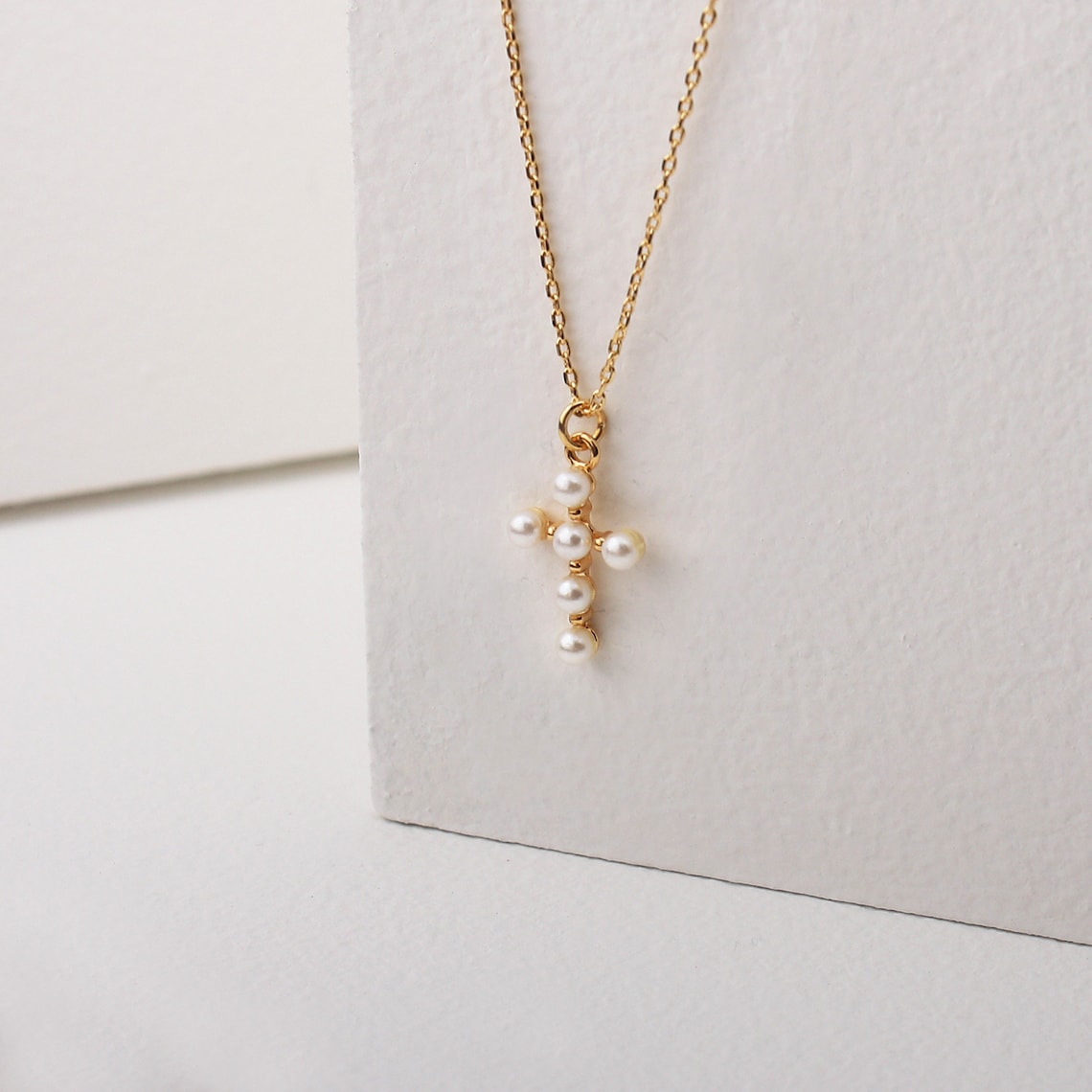 Tiny White 6 Simulated Pearls Cross Pendant Necklace Small Etsy