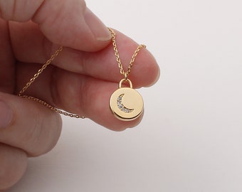 Gold Disc Medallion Necklace, Pave Cubic Crescent Moon Pendant