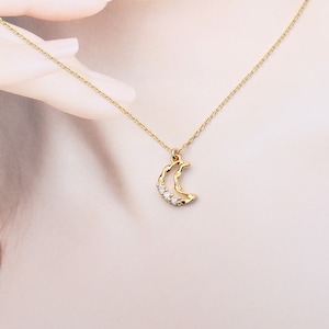 Crescent Moon Necklace, Twisted Half Moon and Cubic Necklace, New Moon Star Necklace, Gift for Women, Tiny Celestial Jewelry