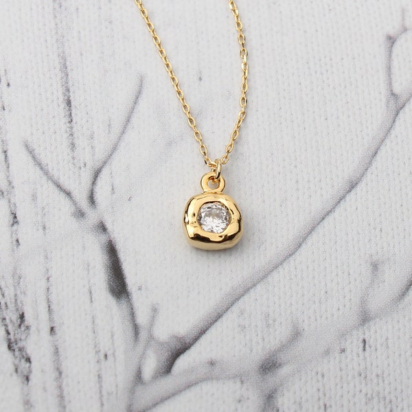 Tiny Square Cubic Necklace, Solitaire CZ Necklace, Hammered Gold Jewelry, Layered Necklaces for Women, Dainty Diamond Jewelry for Her