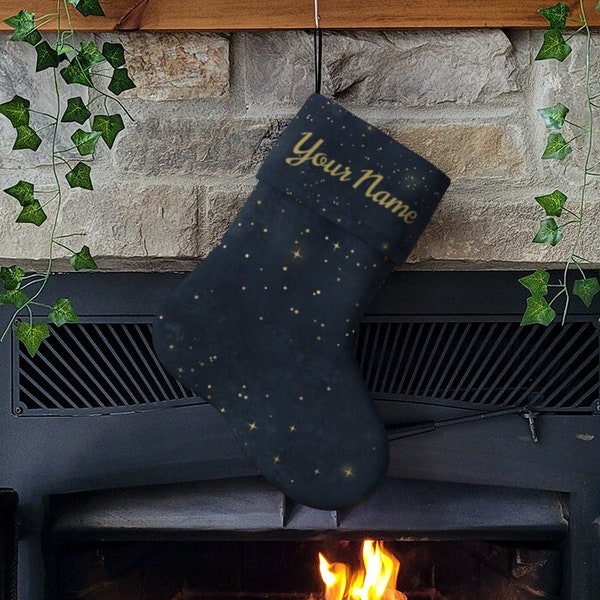 Blue Christmas Stocking with Gold Stars | Personalized with your name | Velvet