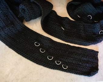Handmade Black Winter Goth Scarf with D-rings | Long and Warm