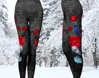 The Raven's Shared Fate | Leggings | Goth or Horror Pants red roses