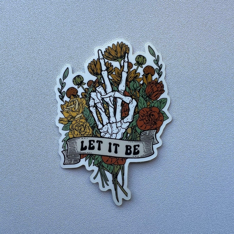 Let It Be Skeleton Peace Sign Flower Bouquet Sticker 2 by 2.9 image 2