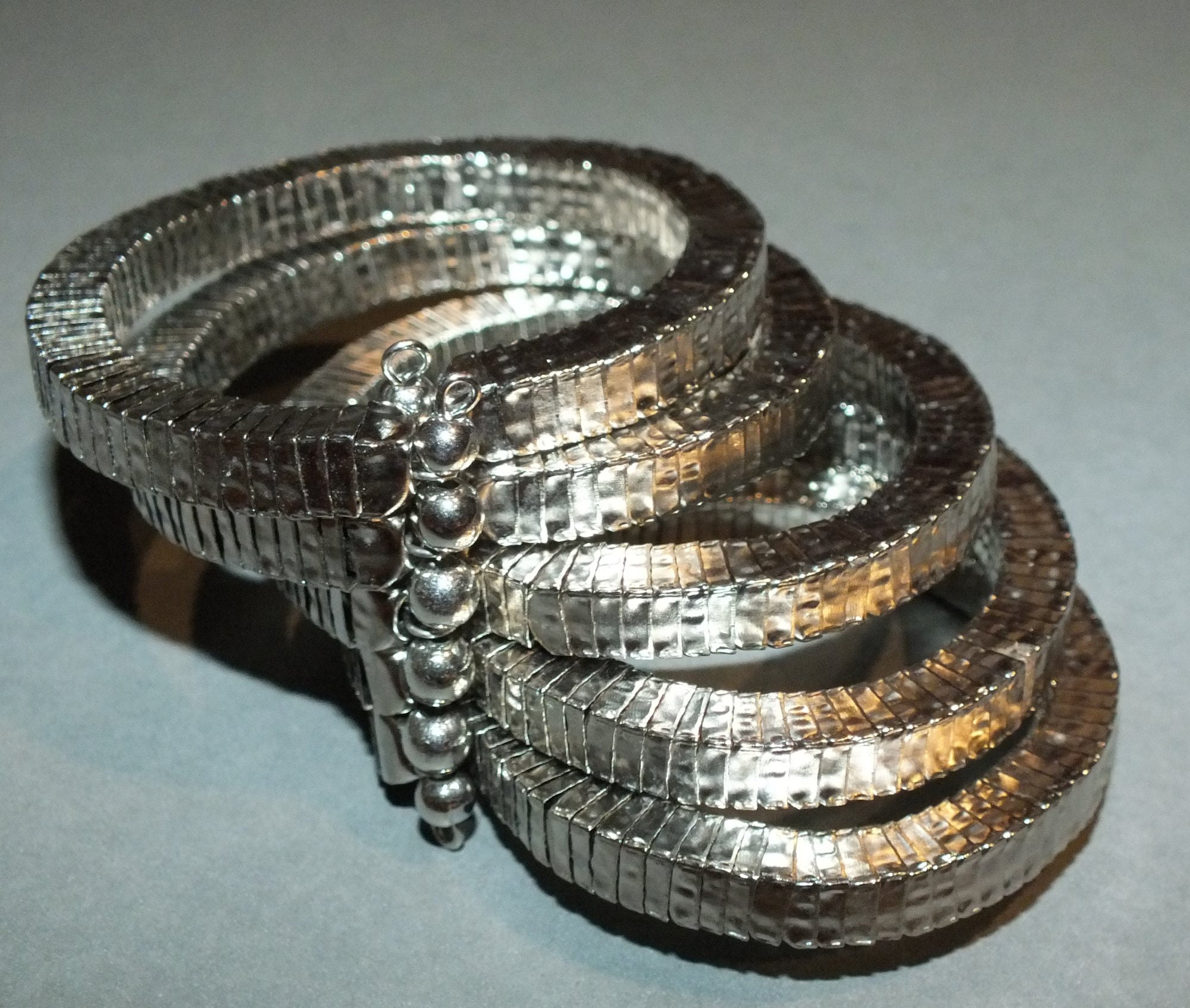 Wide Cuff Bracelet With Five Strands Rhodium Plated Metal Beads