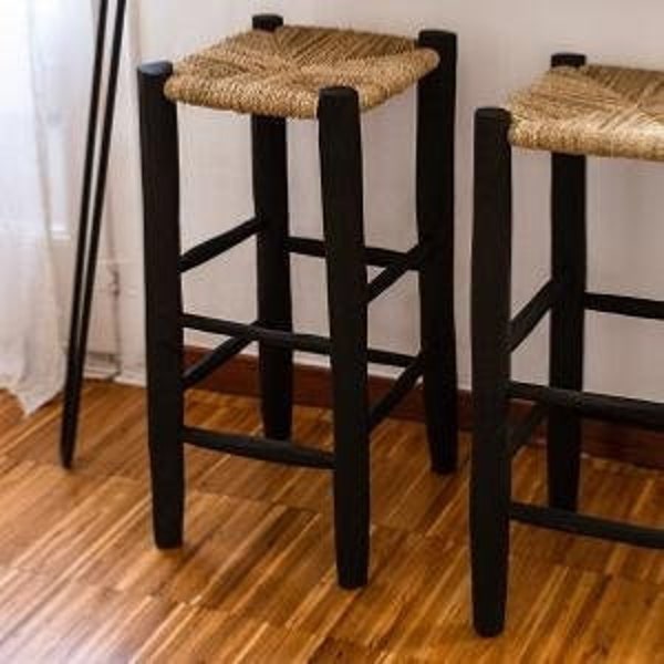 counter stools in different sizes black Berber palm leaf chair, Moroccan stool, vintage Berber wooden stool