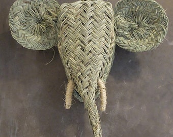 Moroccan straw  Elephant head, animal head Elephant decor, faux trophy, straw rattan head, christmas decor