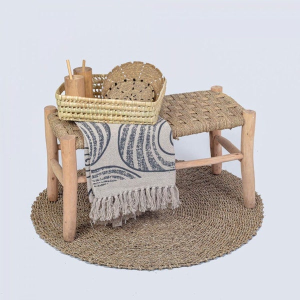 Free shipping; Moroccan bench in solid wood and rattan; traditional beldi bench,