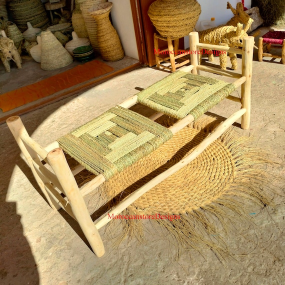 Vintage XXXL Moroccan Bench in Solid Wood and Rattan Traditional