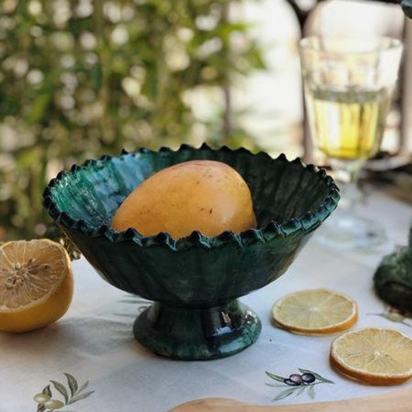 Moroccan ceramic green high Bowl, Tamegroute Moroccan dishes, hand painted ceramic tableware, handmade green dinnerware,  saladier,