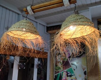 Set Of 2 Moroccan handmade Natural Rattan lampshade, Doum suspension, bohemian light pendant, Moroccan handmade straw