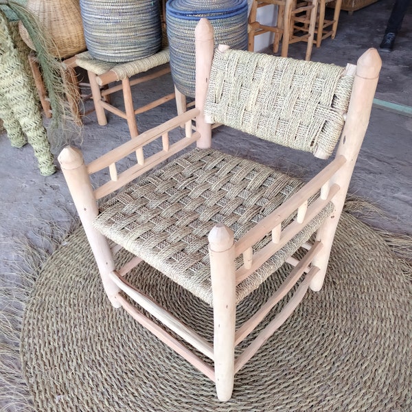 MOROCCAN WOODEN ARMCHAIR in raw wood and straw